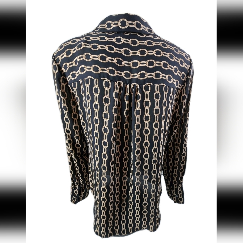 Worthington Black Gold Chain Print Button-Up Blouse Shirt Size M Long Sleeve - Picture 4 of 9